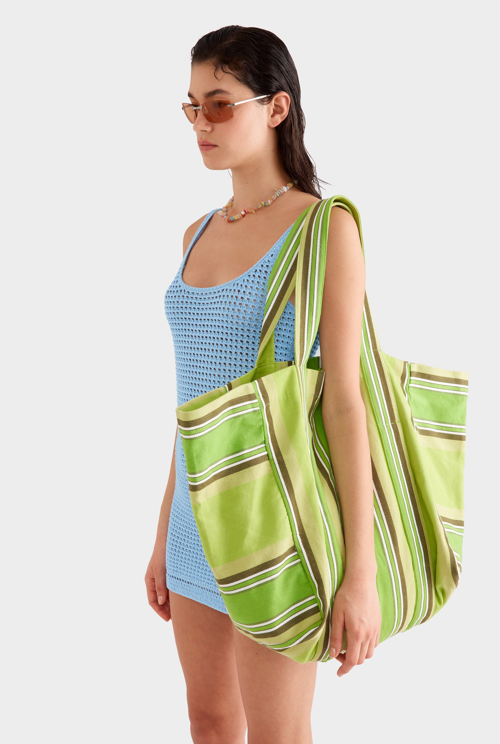 Woven Stripe Beach Tote -  Green Stripe