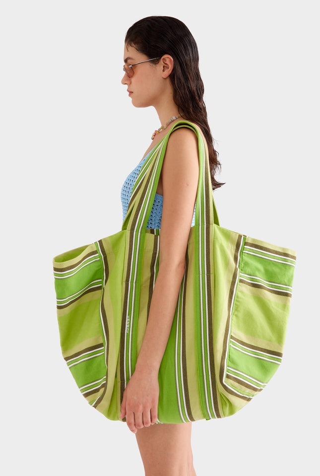 Woven Stripe Beach Tote -  Green Stripe