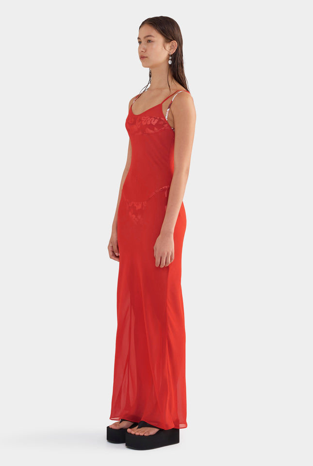Sheer Silk Slip Dress - Red