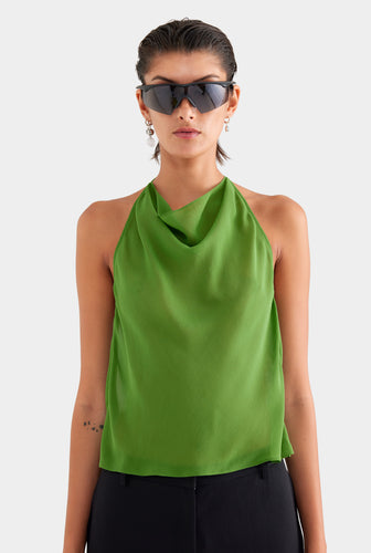 Sheer Silk Cowl Neck Halter Top -  Cactus