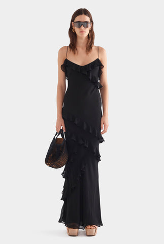 Silk Ruffle Slip Dress - Black