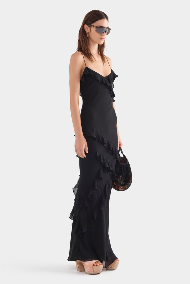 Silk Ruffle Slip Dress - Black