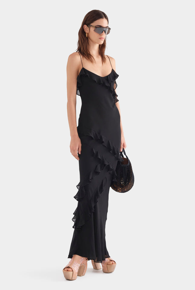 Silk Ruffle Slip Dress - Black