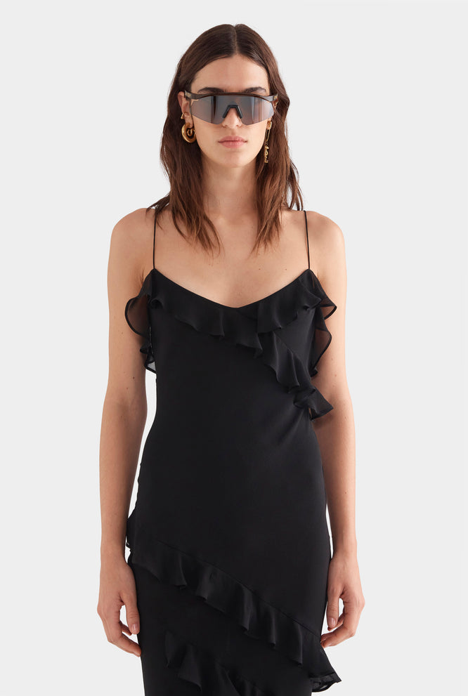 Silk Ruffle Slip Dress - Black