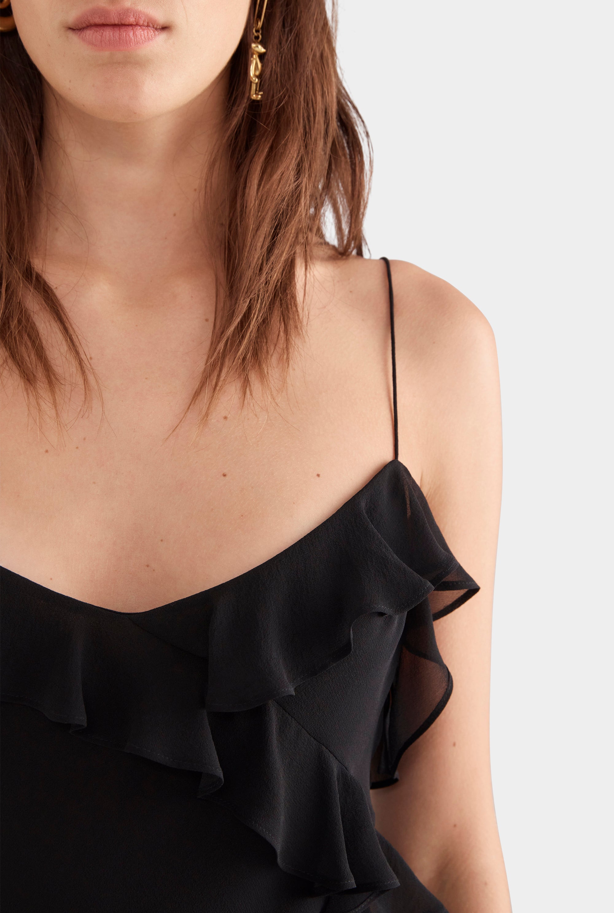 Silk Ruffle Slip Dress - Black