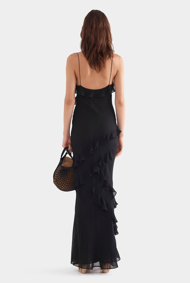 Silk Ruffle Slip Dress - Black