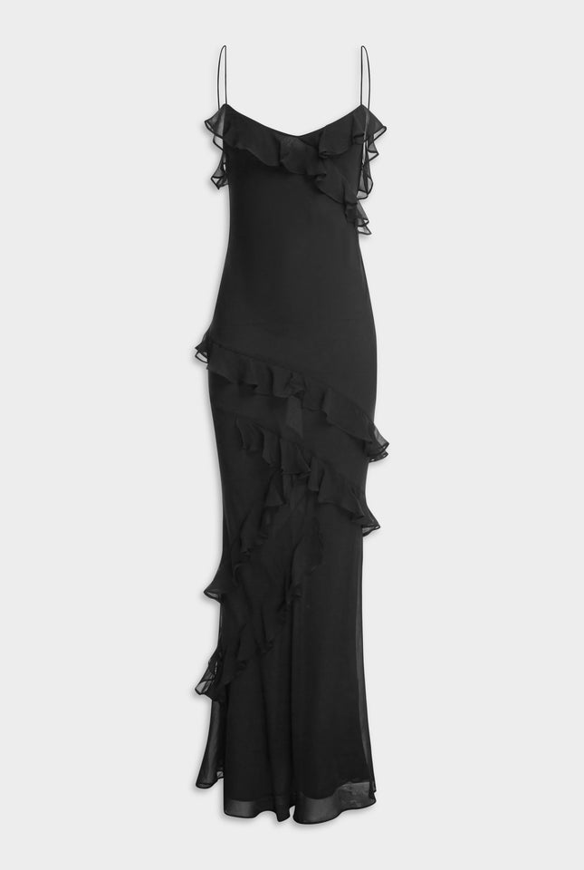 Silk Ruffle Slip Dress - Black