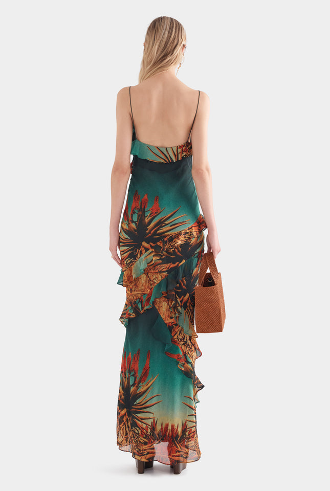 Silk Ruffle Slip Dress - Cactus Print