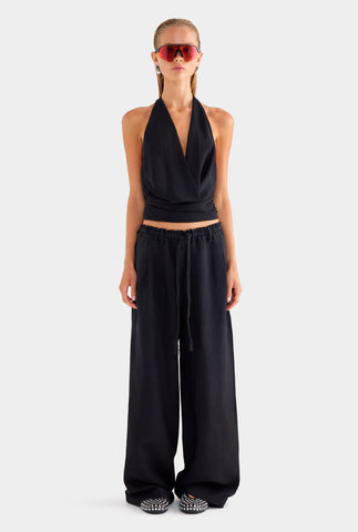 Silk Linen Relaxed Pleat Front Pant - Black