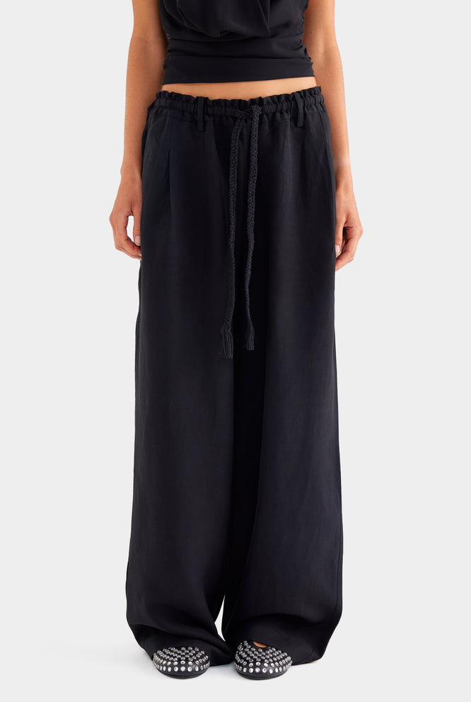 Silk Linen Relaxed Pleat Front Pant - Black