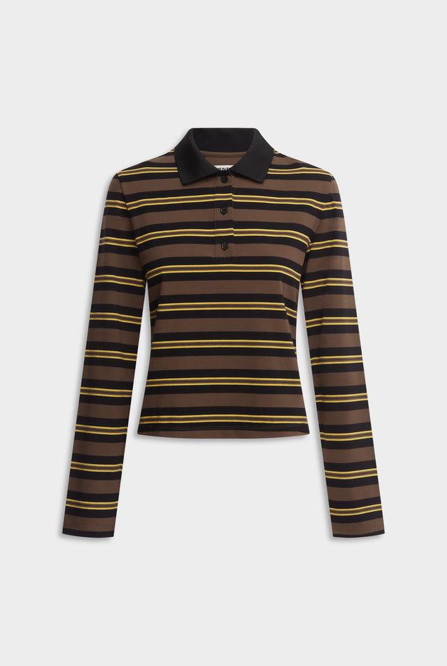 Striped Long Sleeve Jersey Polo - Black/Brown/Yellow Stripe