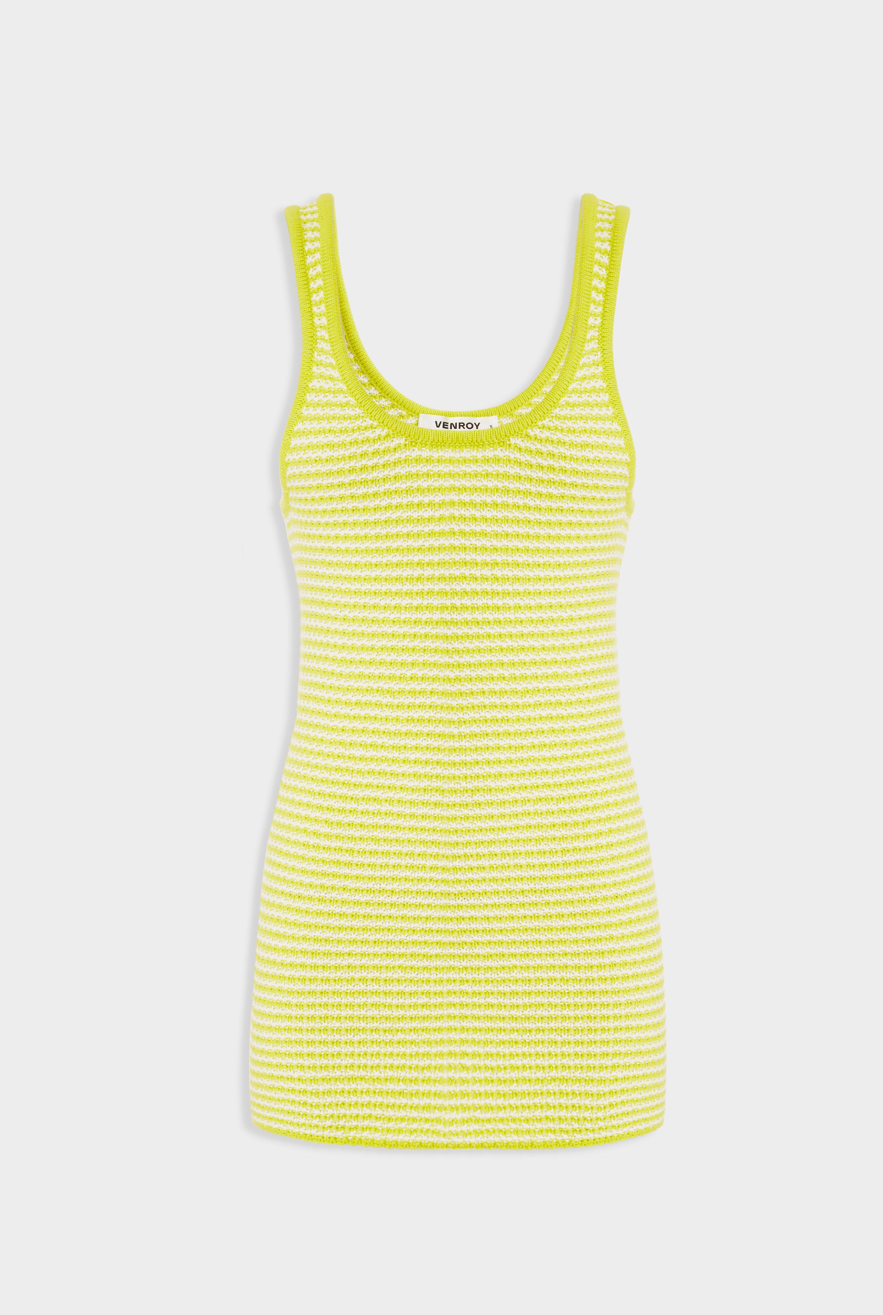 Striped Cotton Knit Mini Dress - Chartreuse/Off White Stripe