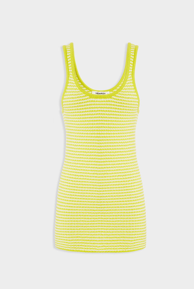 Striped Cotton Knit Mini Dress - Chartreuse/Off White Stripe