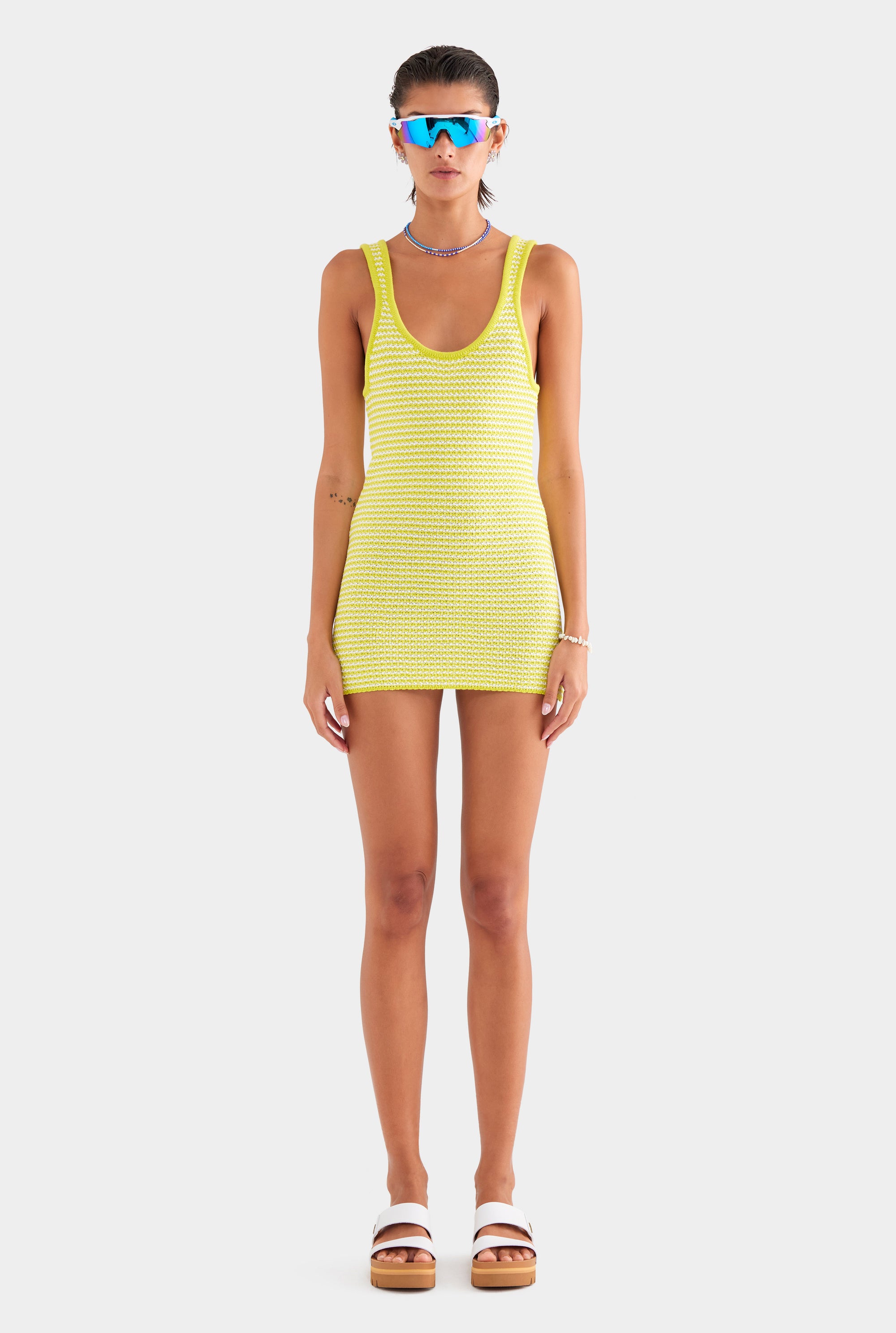 Striped Cotton Knit Mini Dress - Chartreuse/Off White Stripe