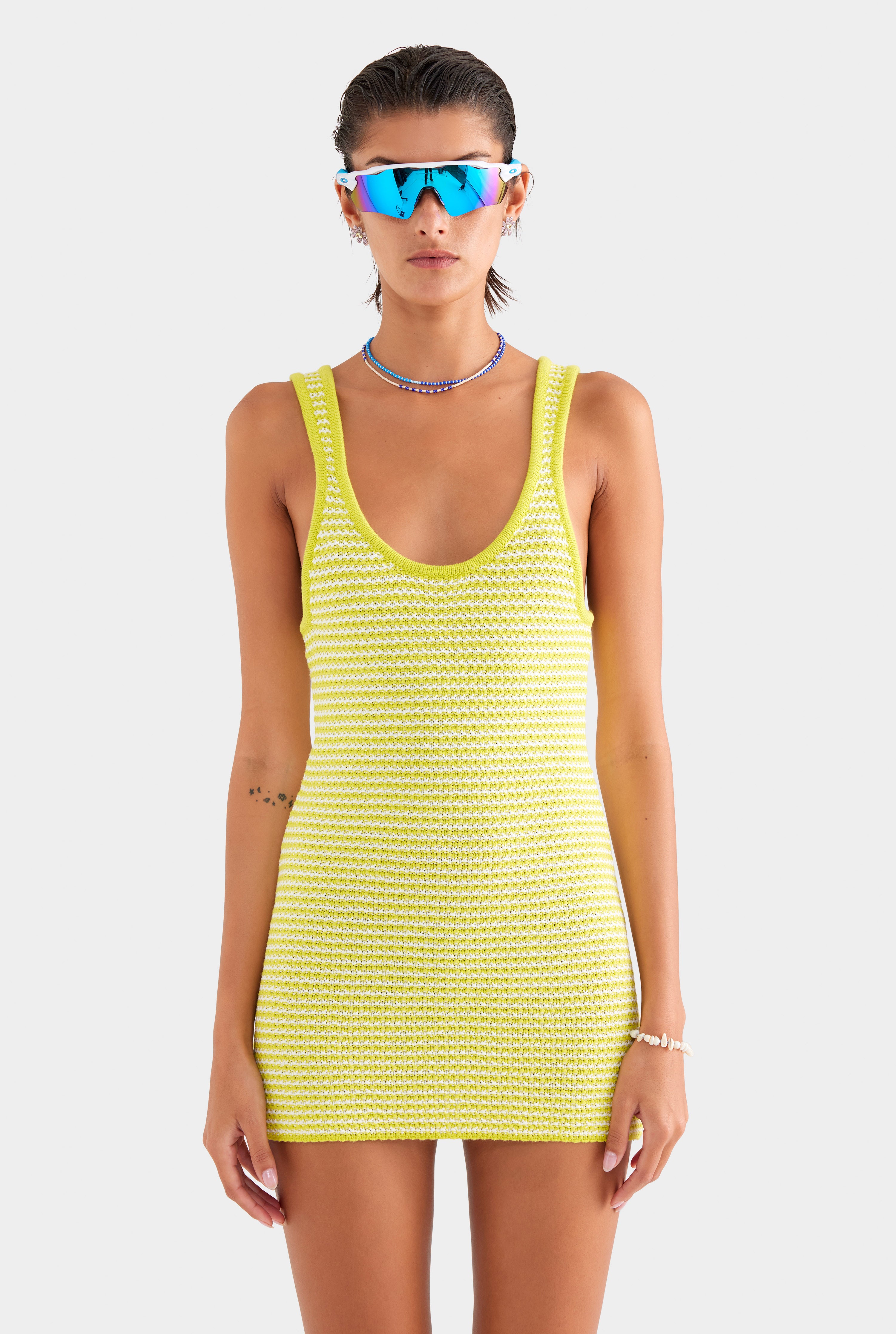 Striped Cotton Knit Mini Dress - Chartreuse/Off White Stripe