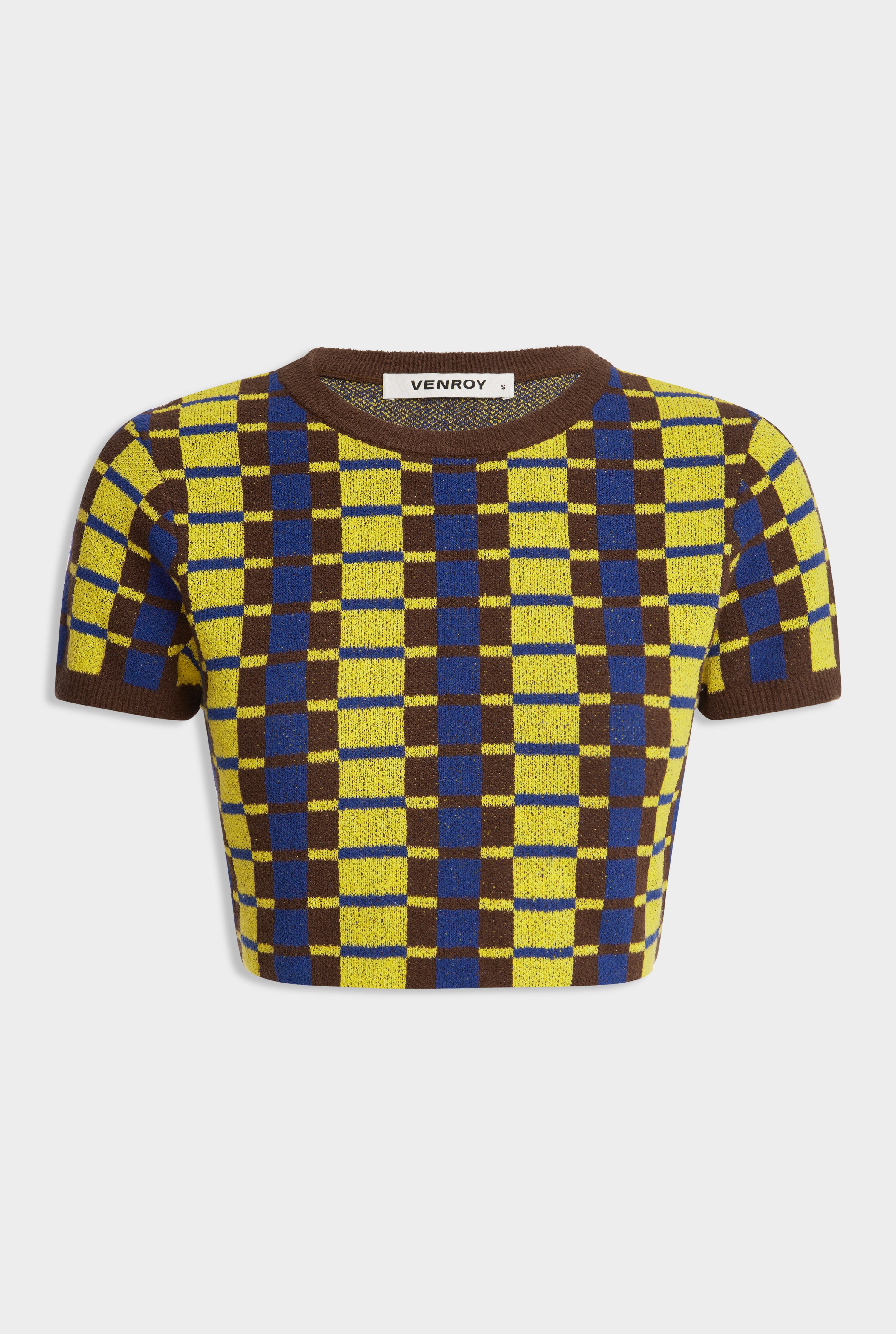 Terry Knit Cropped Tee - Dijon/Blue/Brown Geo Check