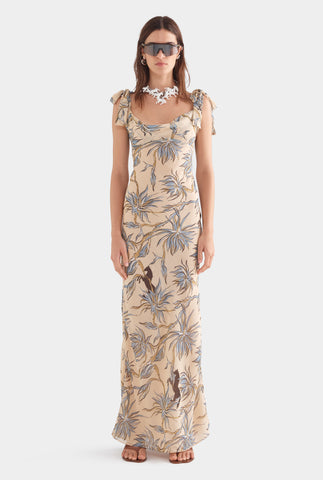 Tie Shoulder Silk Maxi Dress - Beige Floral Horse Print