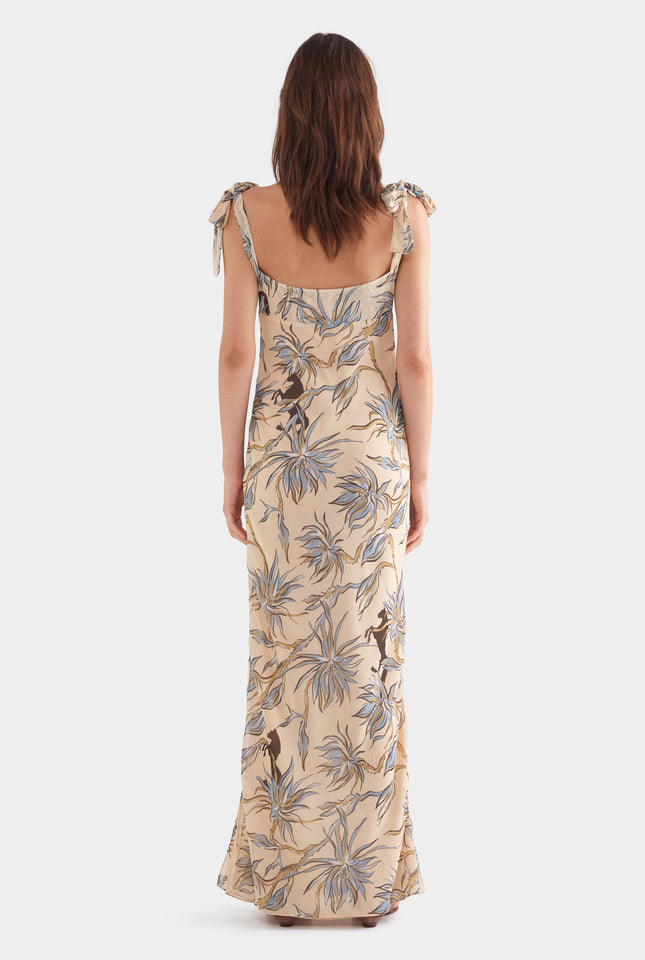 Tie Shoulder Silk Maxi Dress - Beige Floral Horse Print