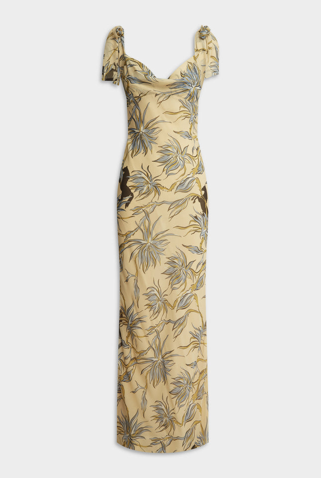 Tie Shoulder Silk Maxi Dress - Beige Floral Horse Print