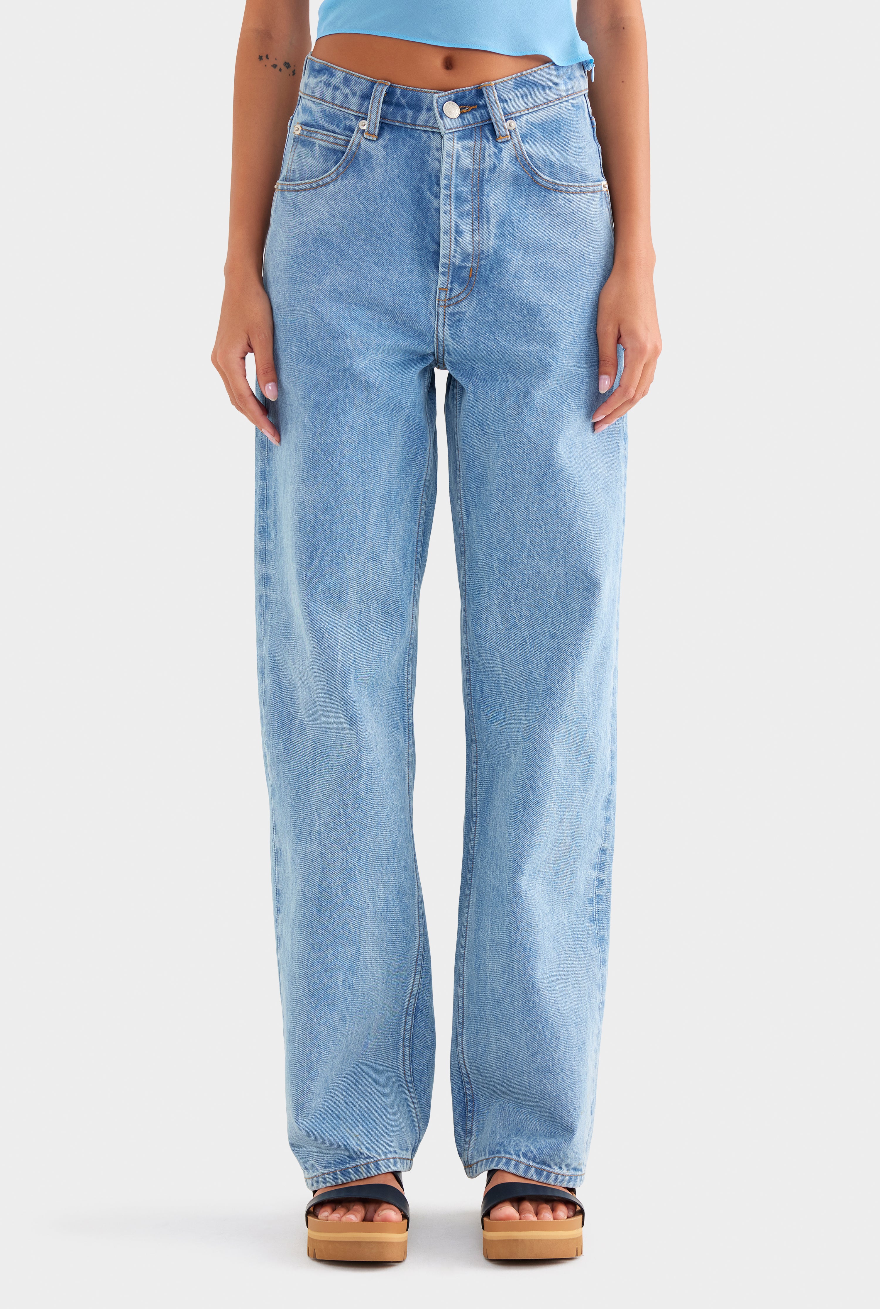 V Front Denim Jean - Light Blue