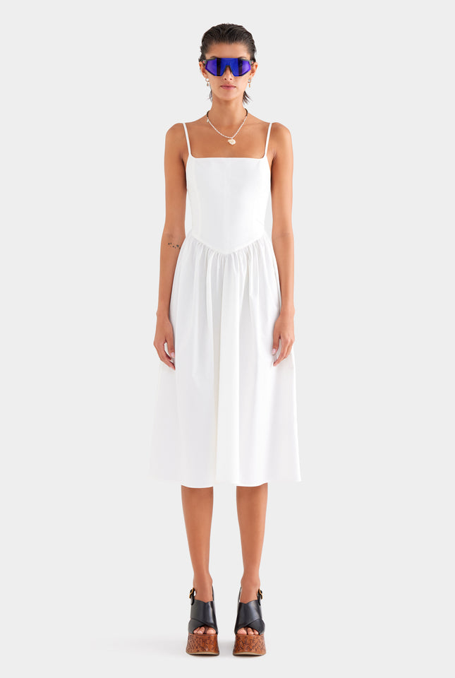 V Waist Cotton Dress - White