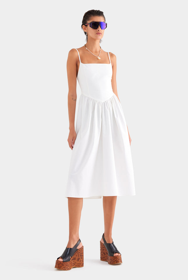 V Waist Cotton Dress - White