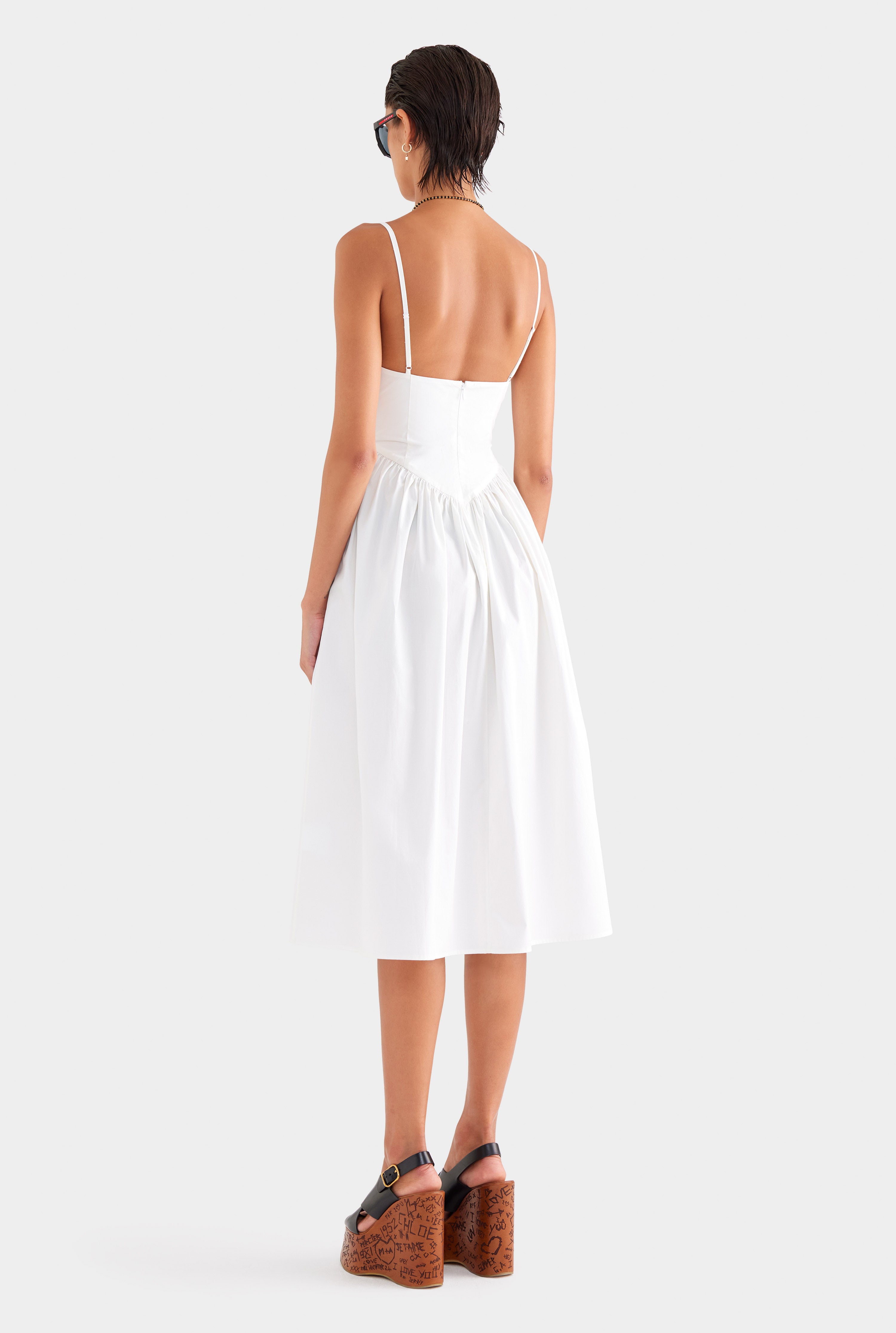 V Waist Cotton Dress - White