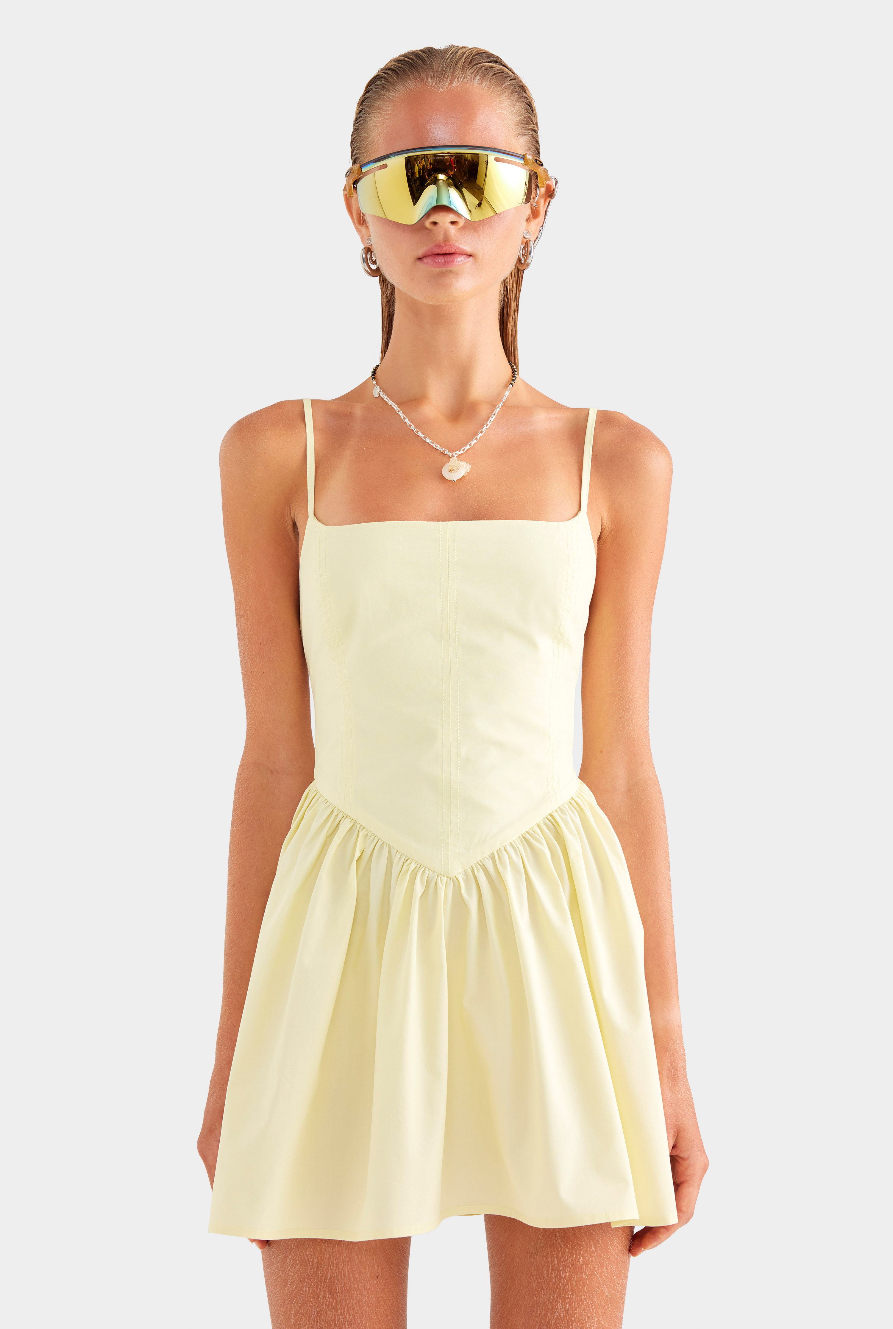 V Waist Cotton Mini Dress - Butter