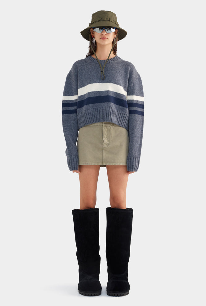 Varsity Stripe Cropped Wool Sweater - Dark Grey Marl/Cream/Navy Stripe