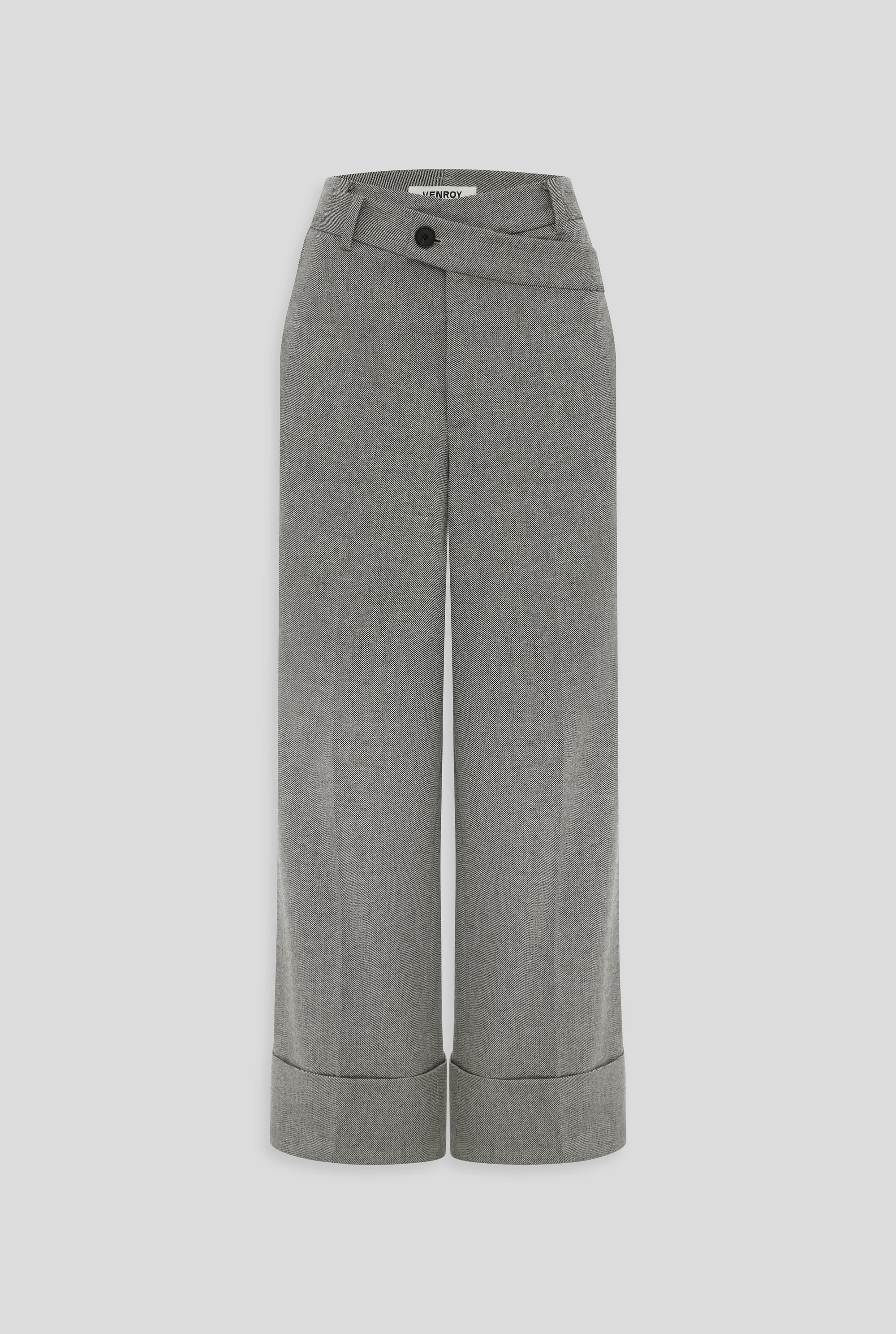 Wool Cuffed Wide Leg Pant - Grey Herringbone