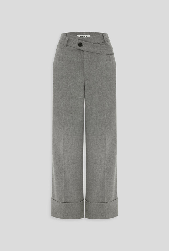 Wool Cuffed Wide Leg Pant - Grey Herringbone