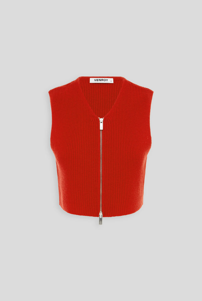 Wool Cropped Ribbed Zip Vest - Red