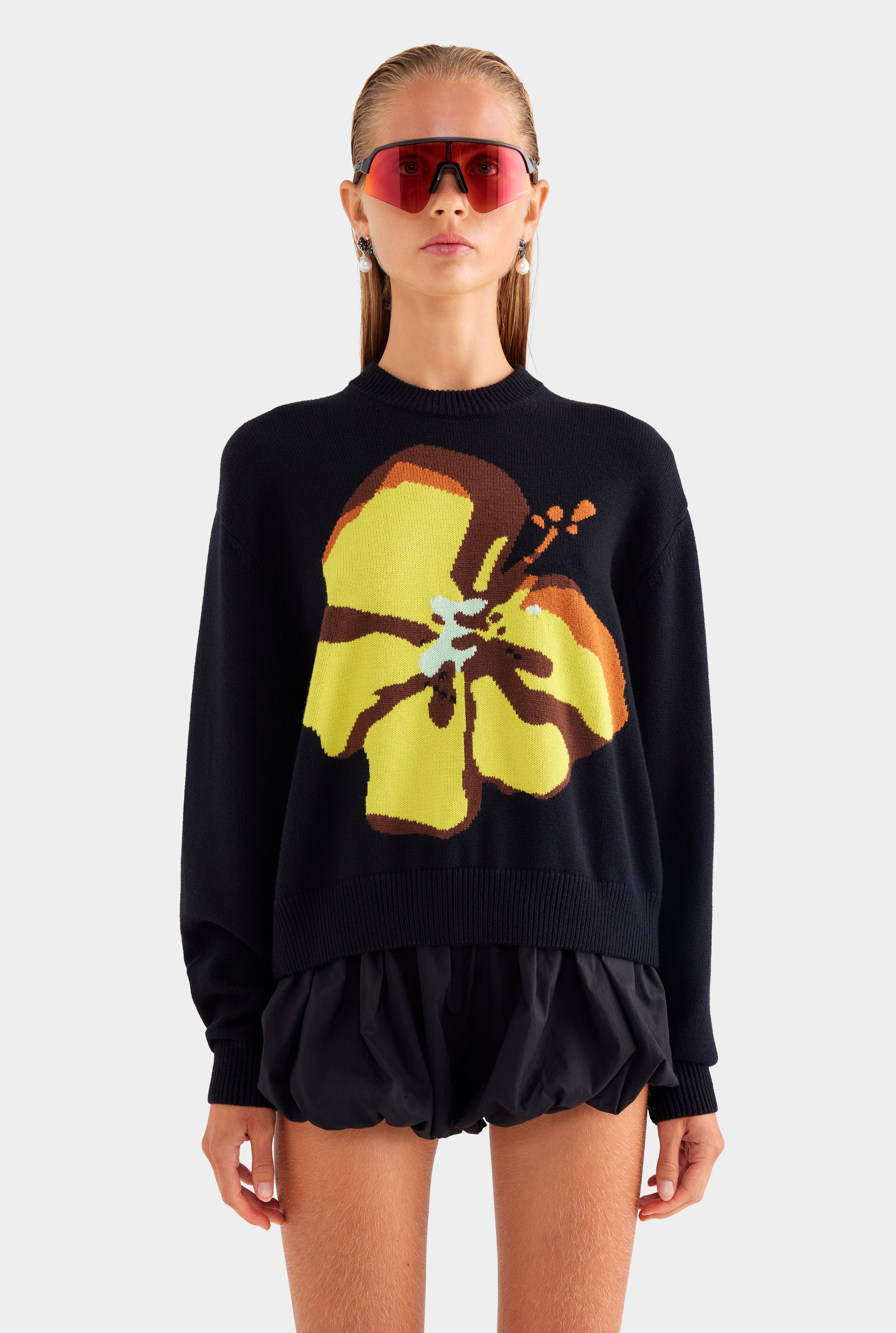 Wool Cotton Intarsia Knit Sweater - Black Hibiscus