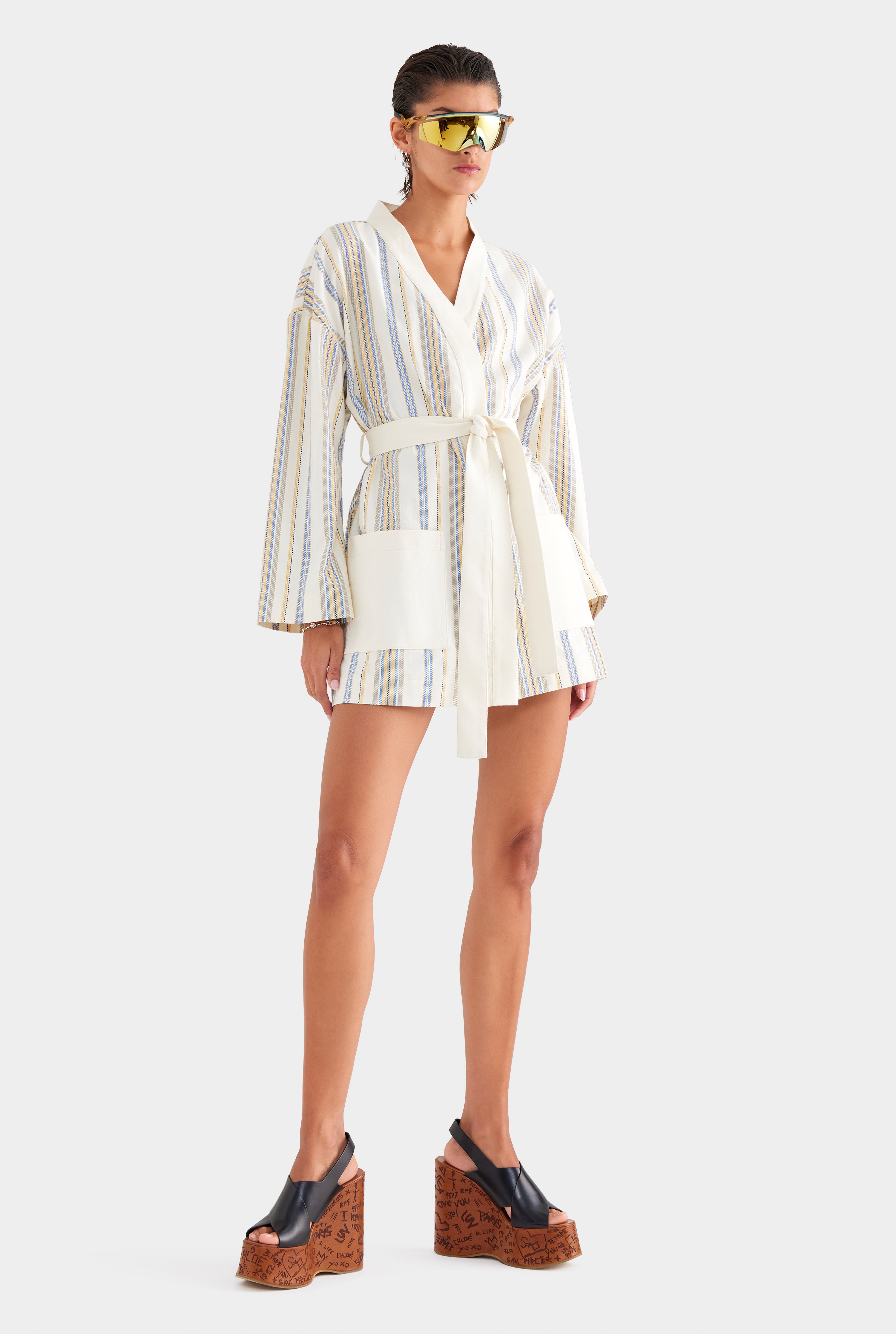 Woven Stripe Robe - Cream/Blue/Yellow Stripe