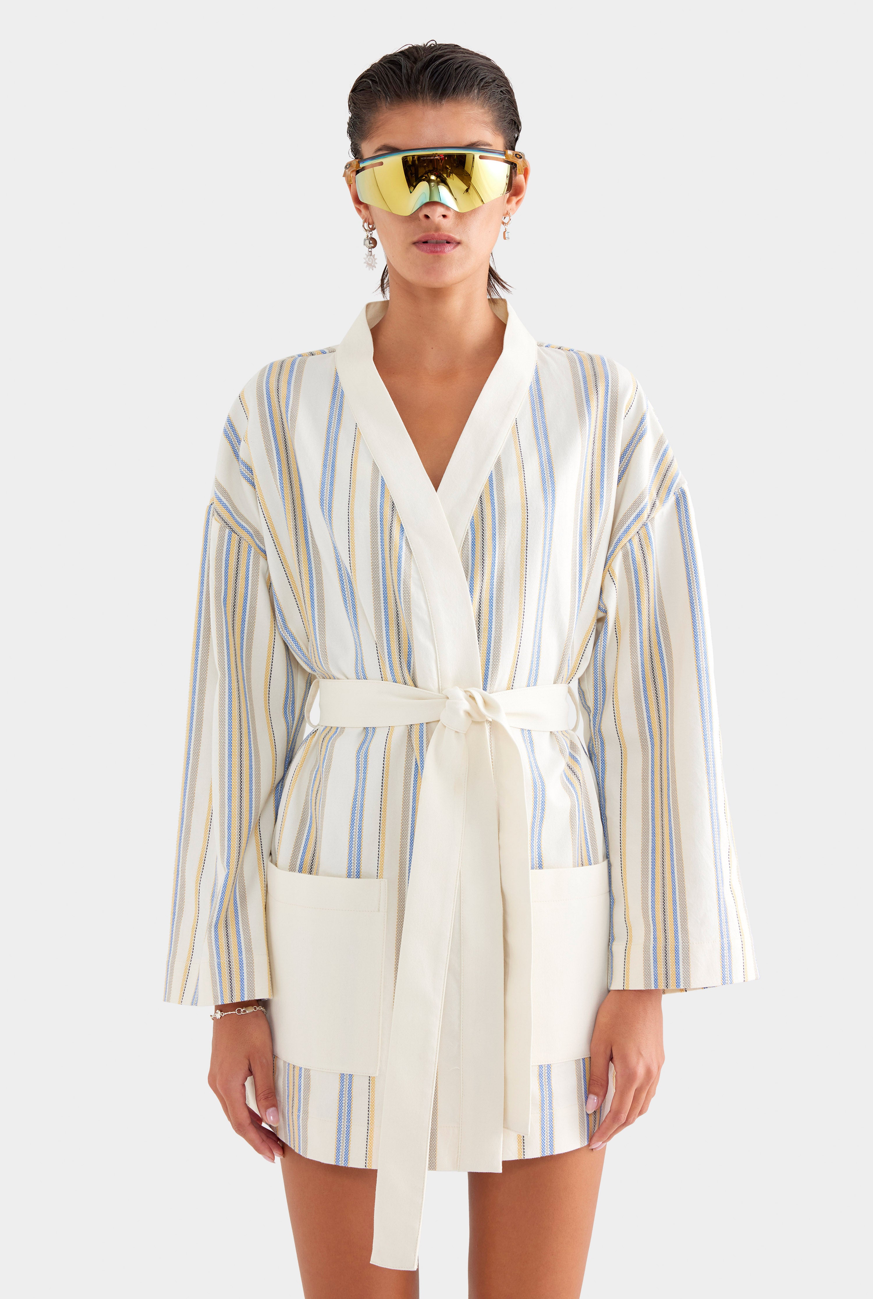 Woven Stripe Robe - Cream/Blue/Yellow Stripe