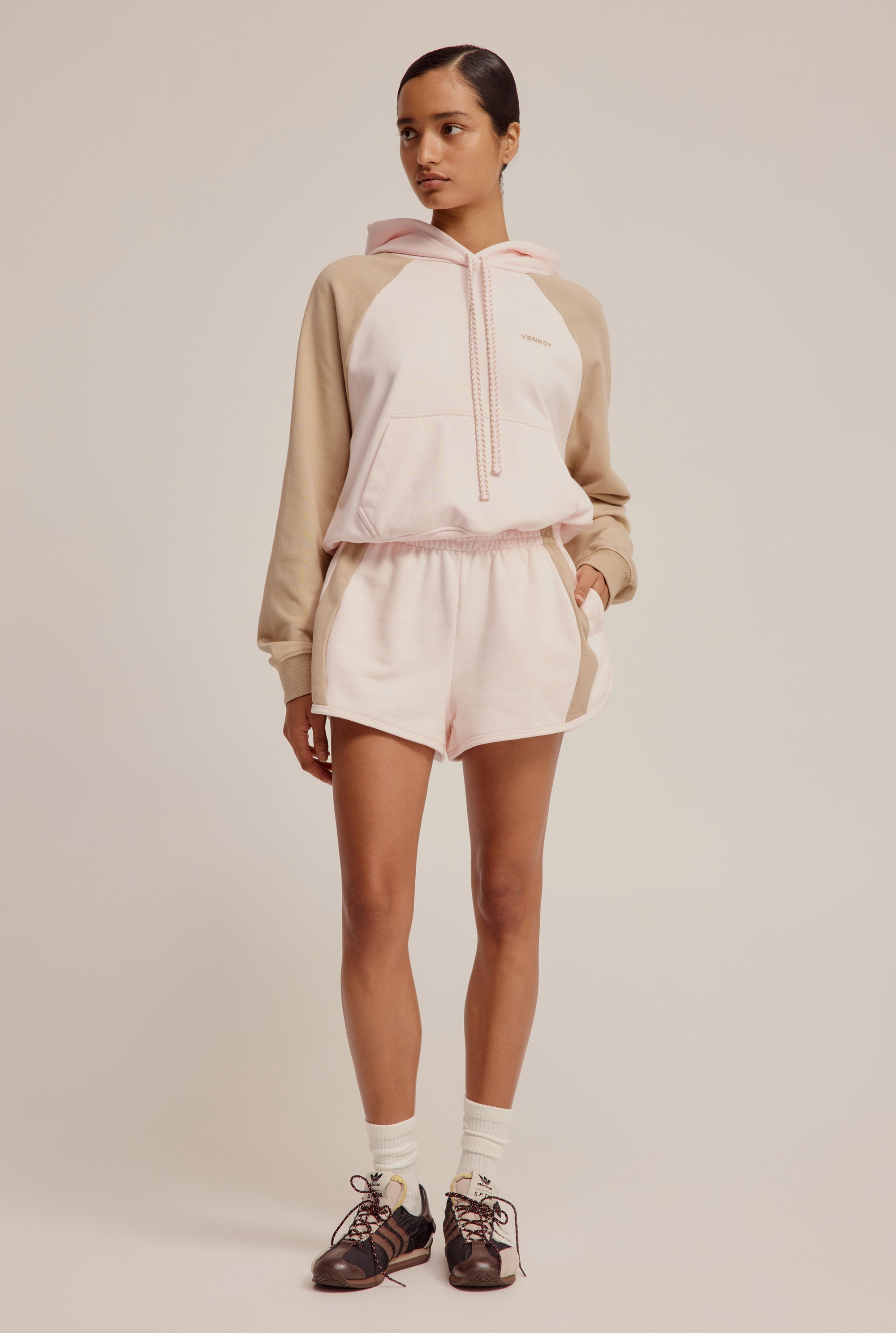 Contrast Cropped Track Hoodie - Pale Pink/Walnut