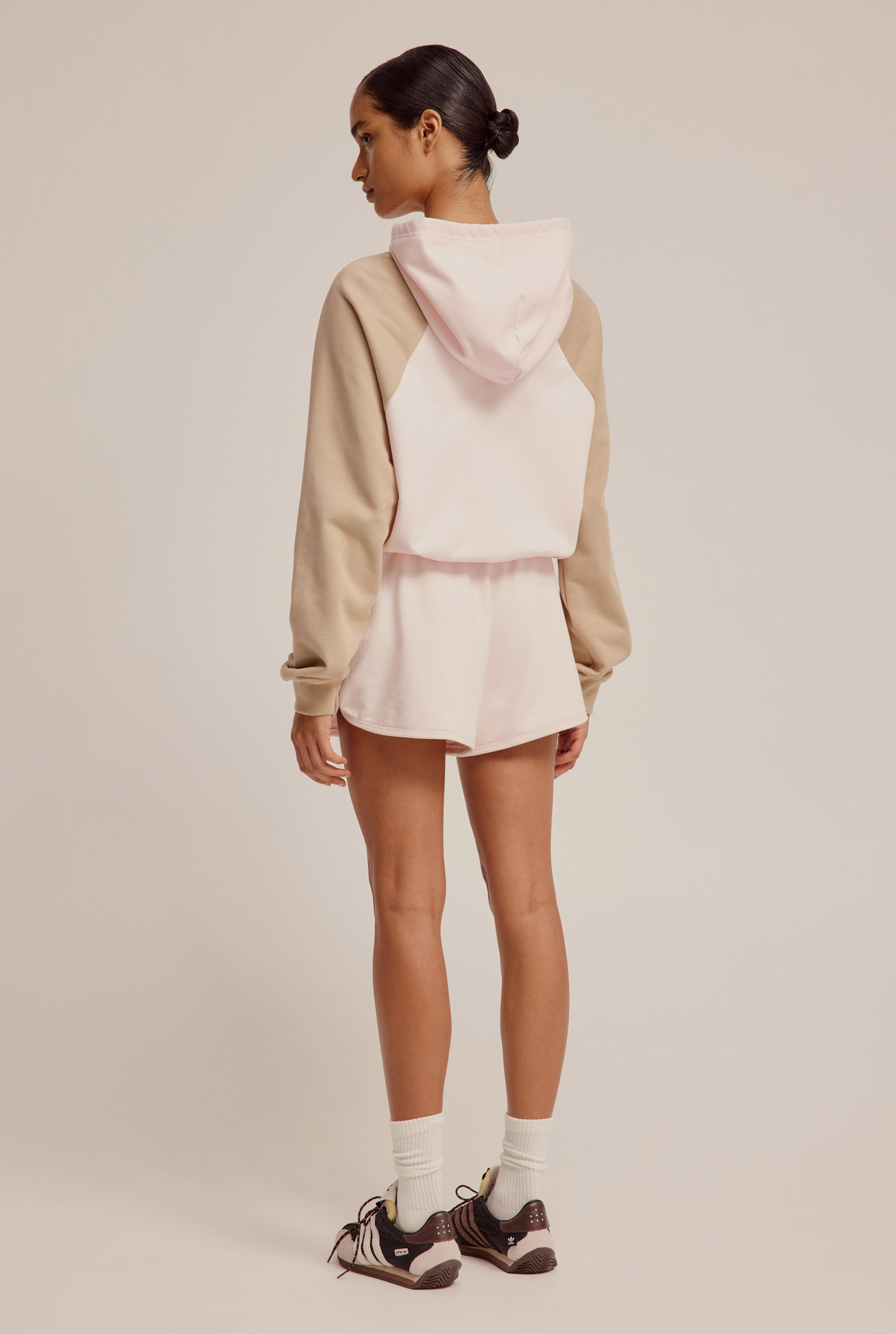 Contrast Cropped Track Hoodie - Pale Pink/Walnut