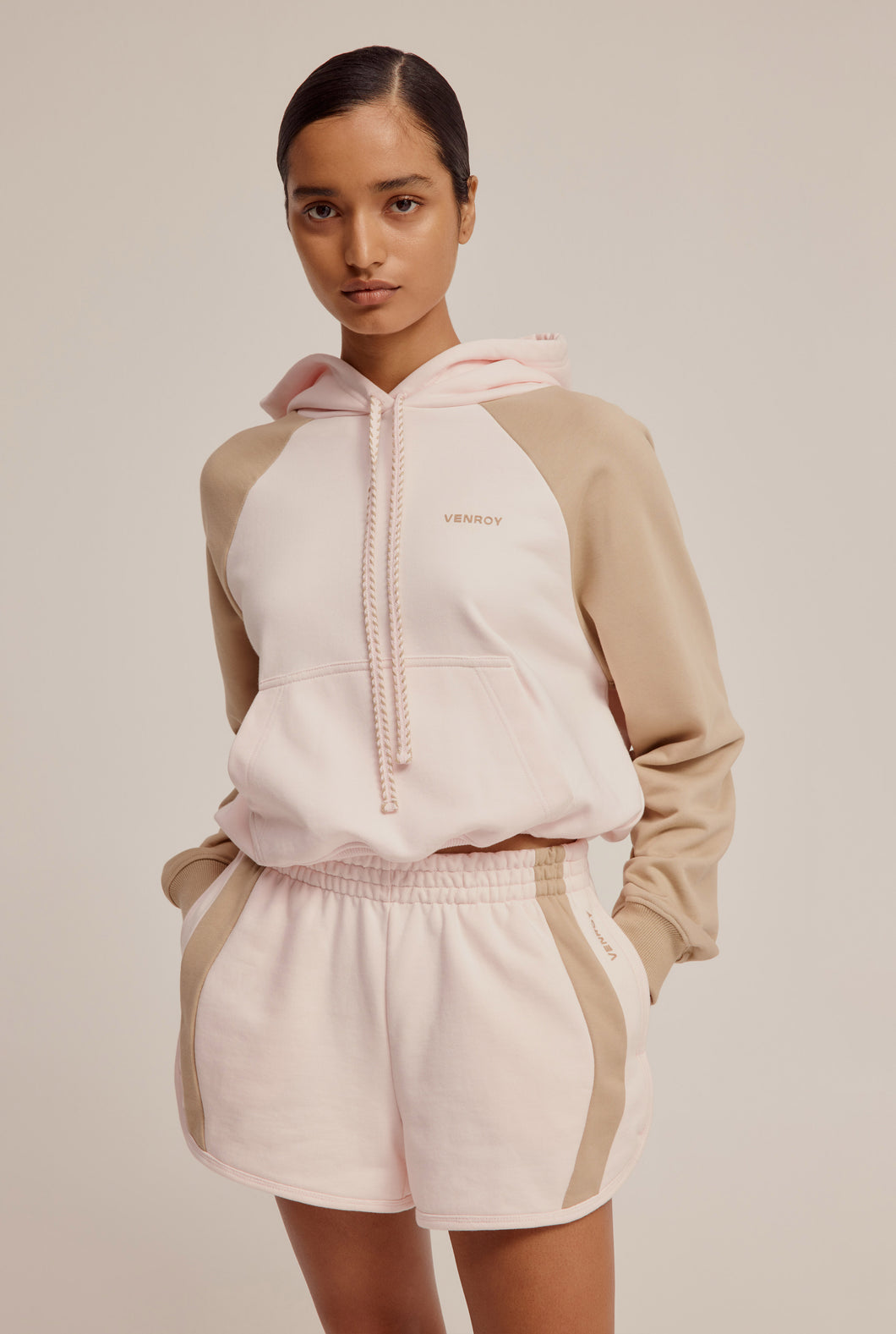 Contrast Cropped Track Hoodie - Pale Pink/Walnut