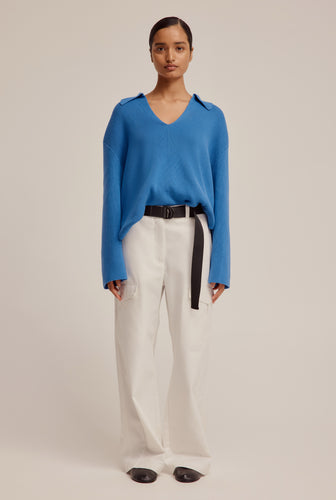 Cotton Cashmere Oversized Open Neck Sweater - Blue