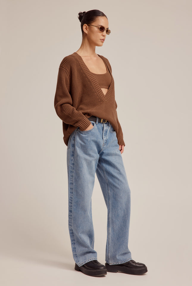 Cotton Deep V Neck Sweater - Cacao