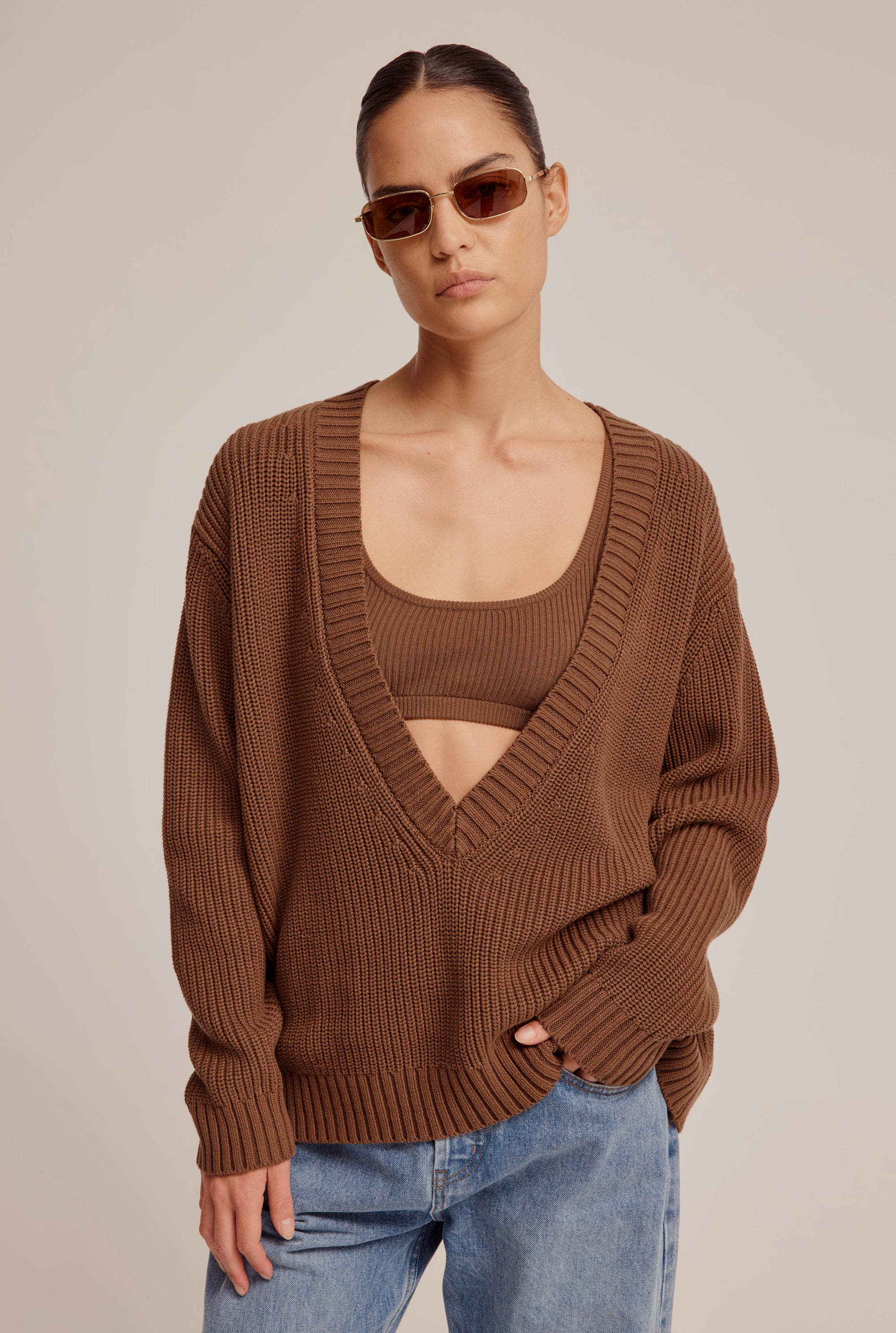 Cotton Deep V Neck Sweater - Cacao