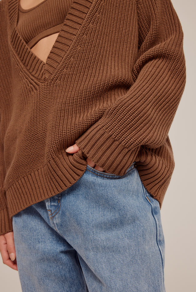 Cotton Deep V Neck Sweater - Cacao