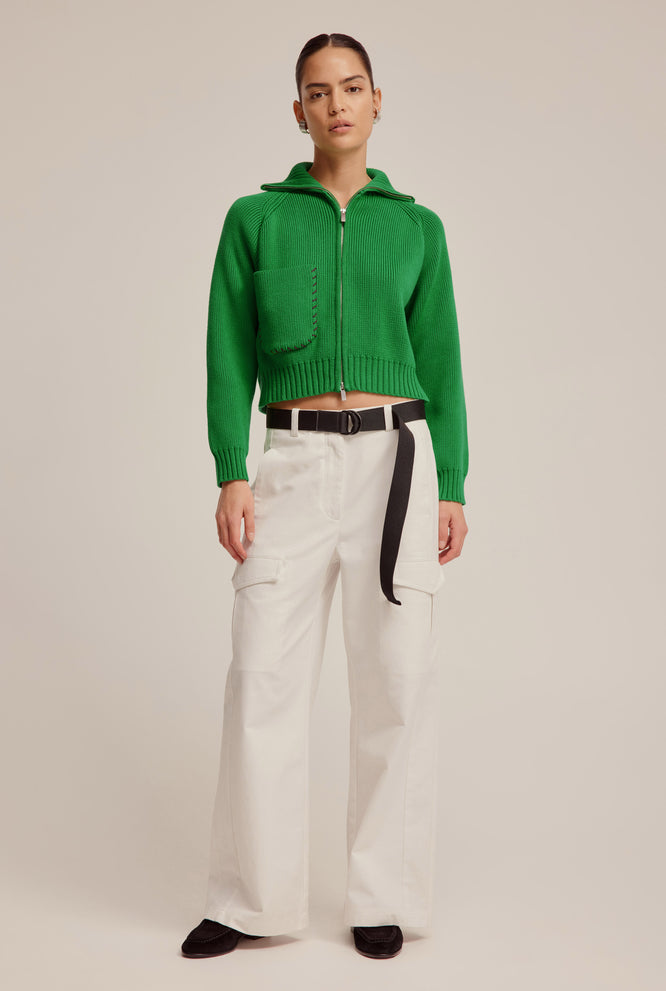 Cotton Funnel Neck Zip Up Sweater - Bright Green