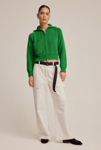 Cotton Funnel Neck Zip Up Sweater - Bright Green