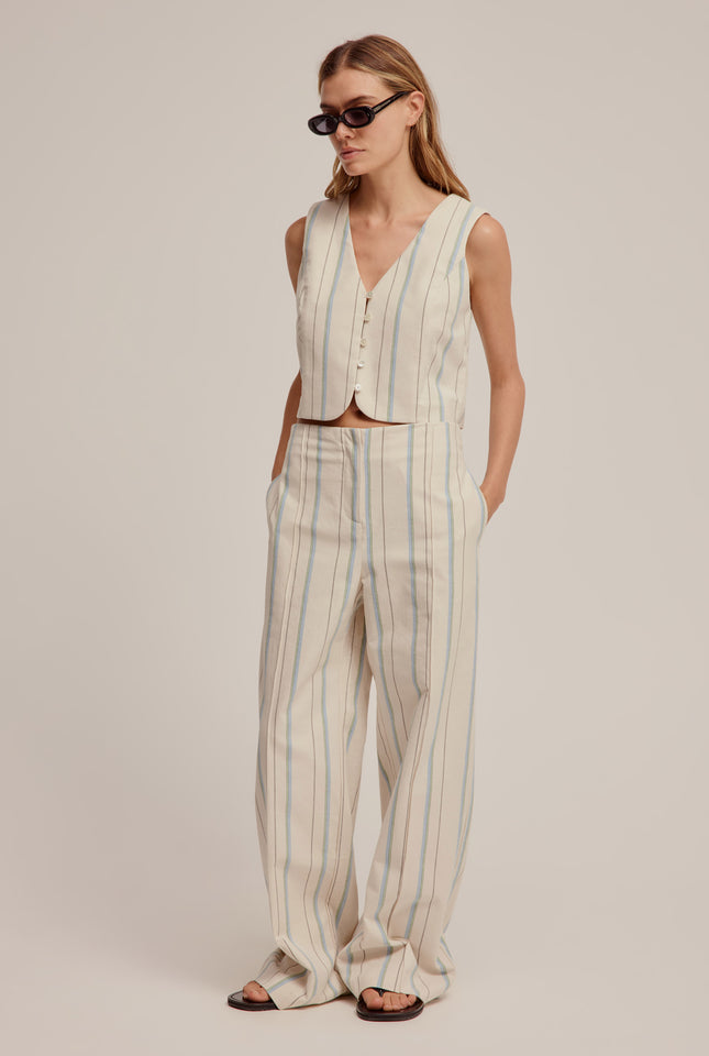 Cotton Woven Stripe Trouser - Off White/Blue Stripe