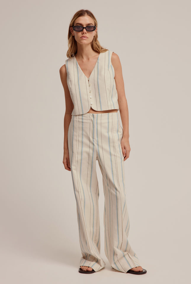 Cotton Woven Stripe Trouser - Off White/Blue Stripe