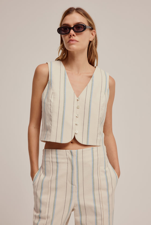 Cotton Woven Stripe Vest - Off White/Blue Stripe