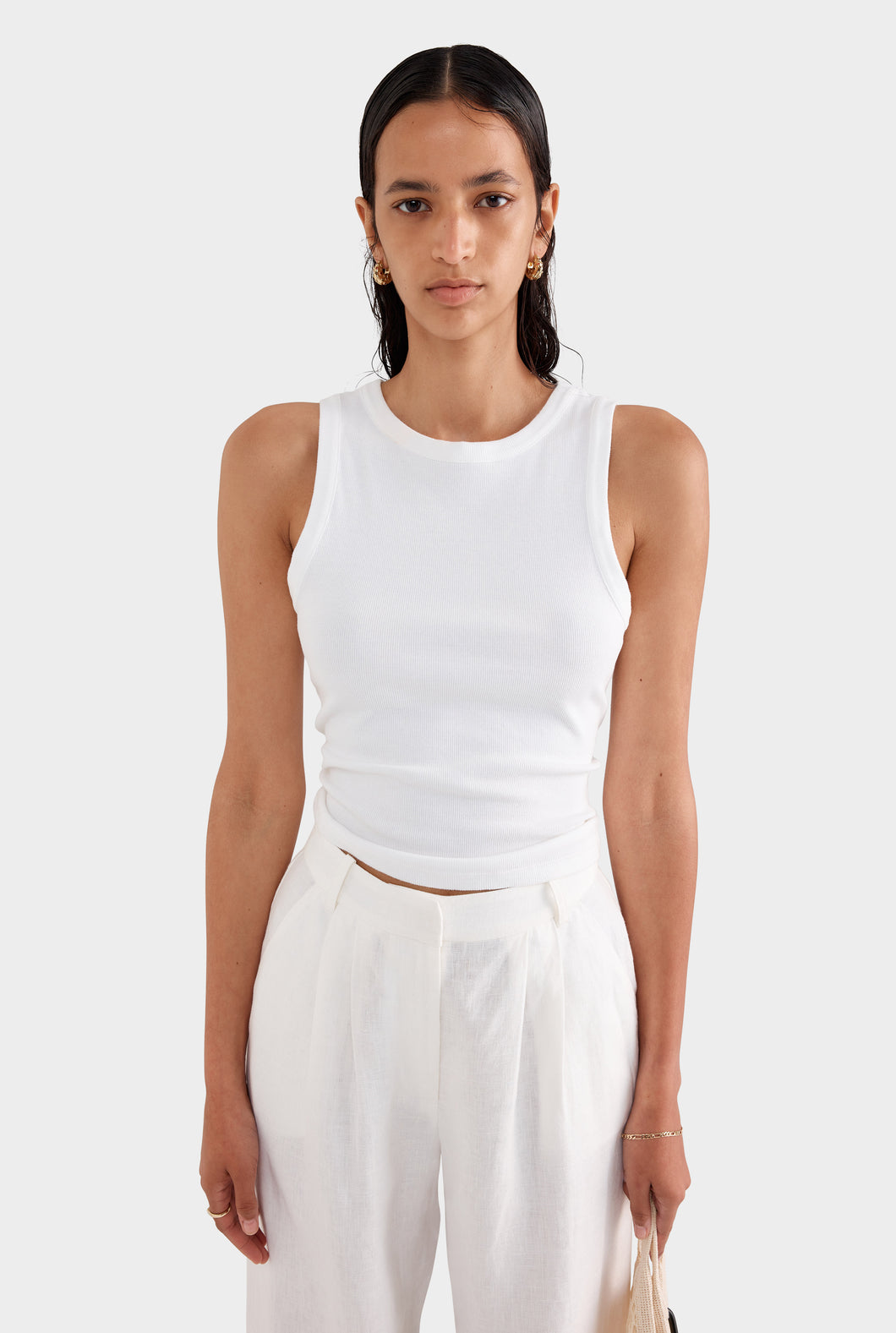 Crew Neck Jersey Rib Tank - White