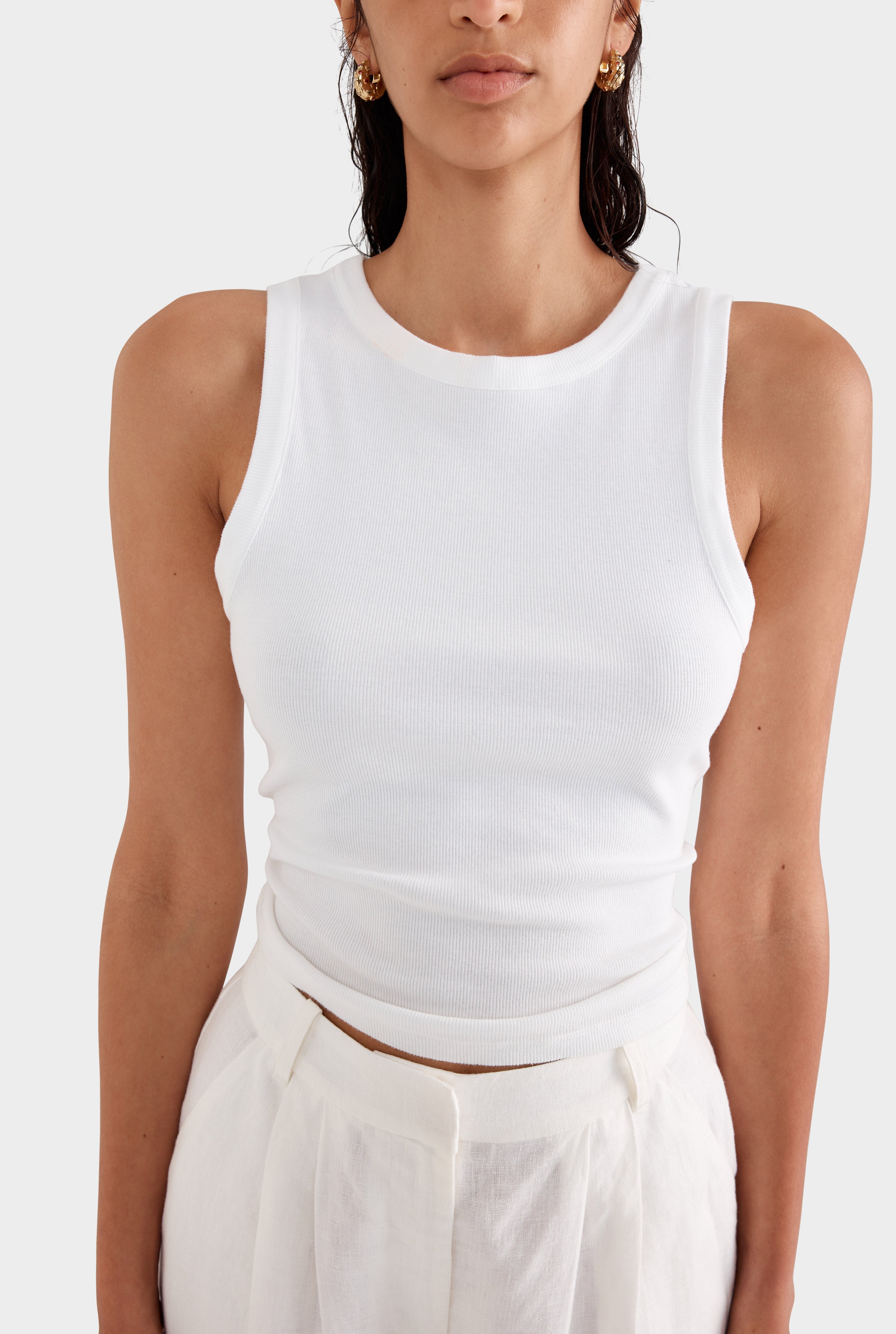 Crew Neck Jersey Rib Tank - White