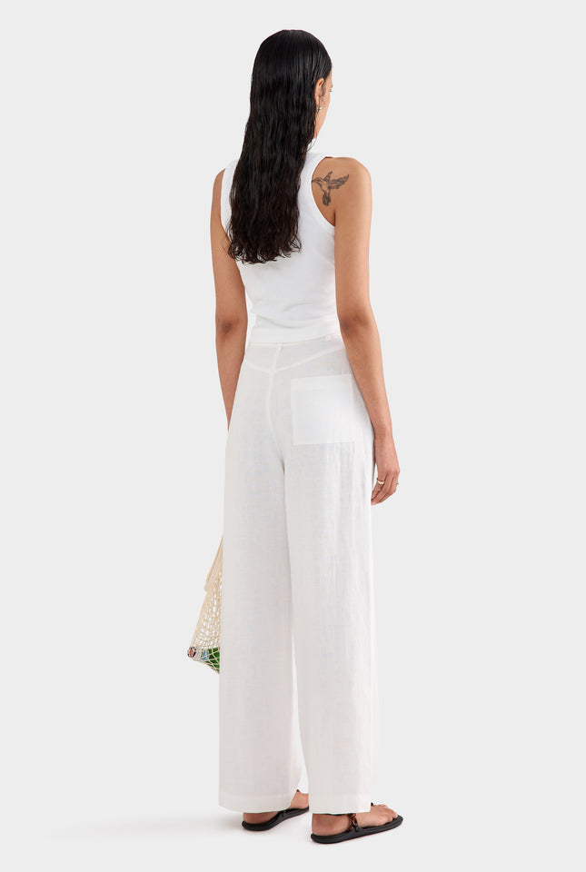 Fixed Waist Linen Trouser - White